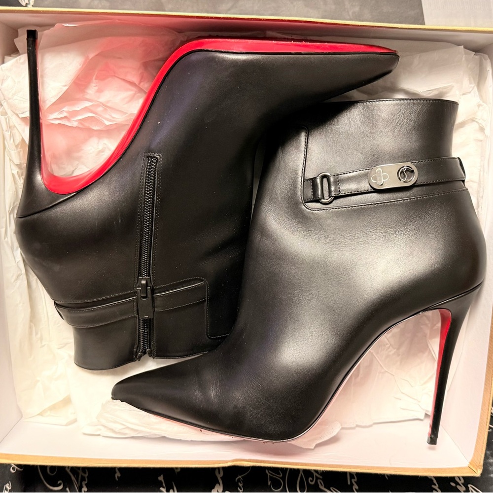 Christian Louboutin Black Leather Pointed Toe Ankle Booties with Red Soles